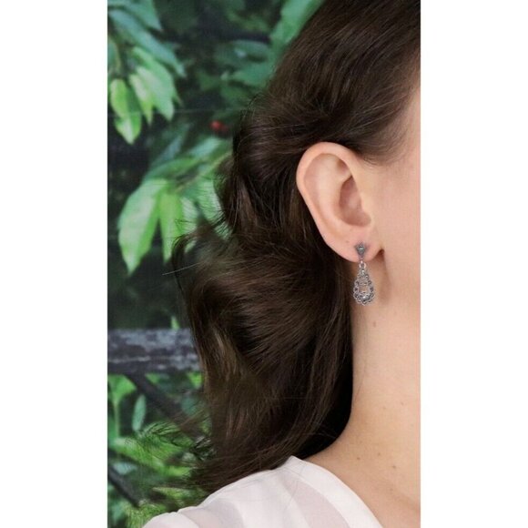 Sterling Silver Marcasite Scallop Design Earrings Dangle Drop 1 1/4" x 3/8" - Picture 3 of 7